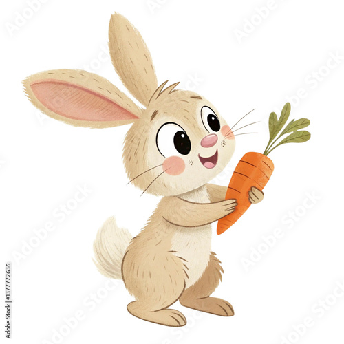 Cute little Easter bunny holding carrot isolated on white