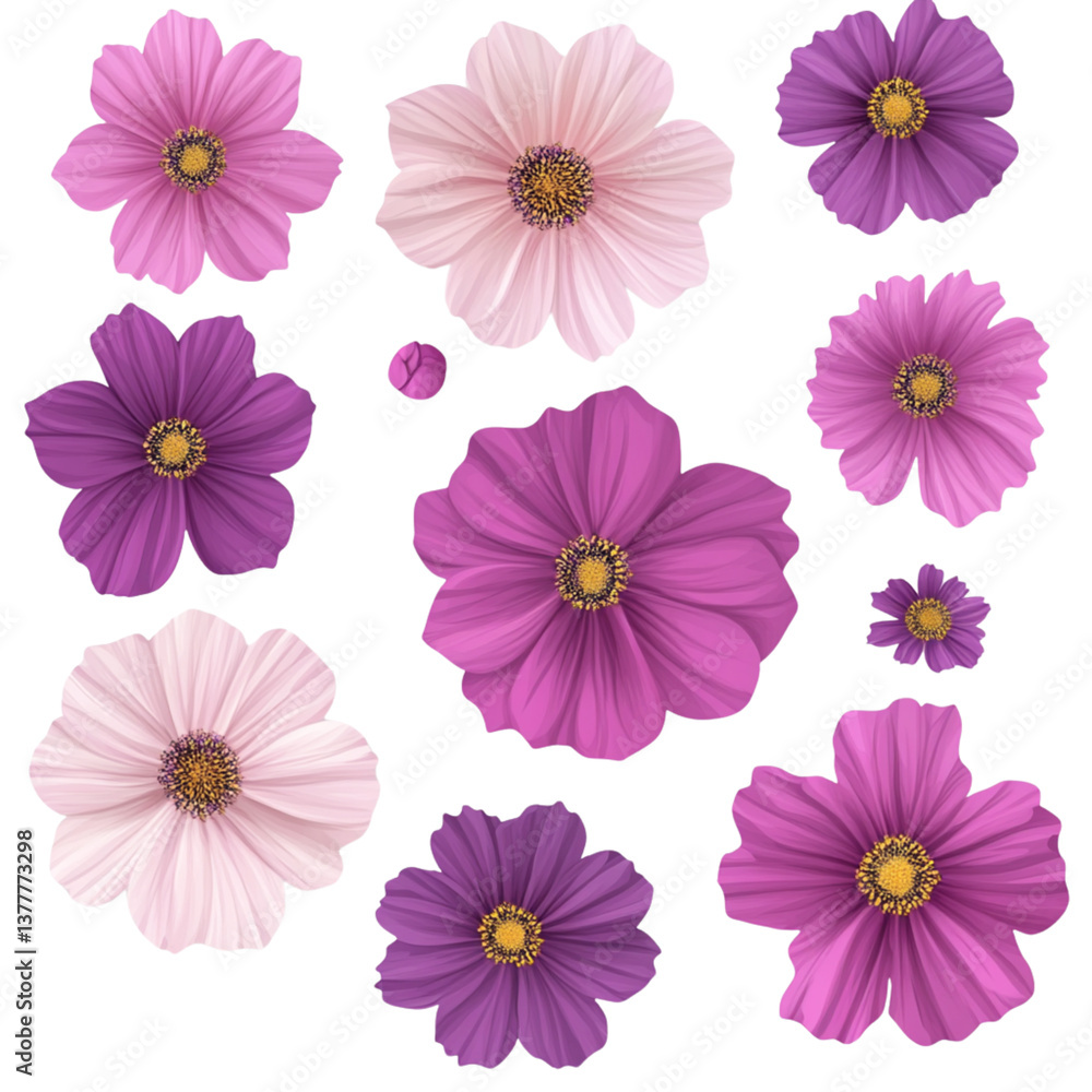 Pink and purple watercolor cosmos flowers, clip art with white background Pink and purple watercolor cosmos flowers, clip art with white background