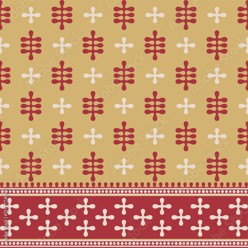 Topical Motifs with Dark Red Traditional Border Block Print Vector Pattern