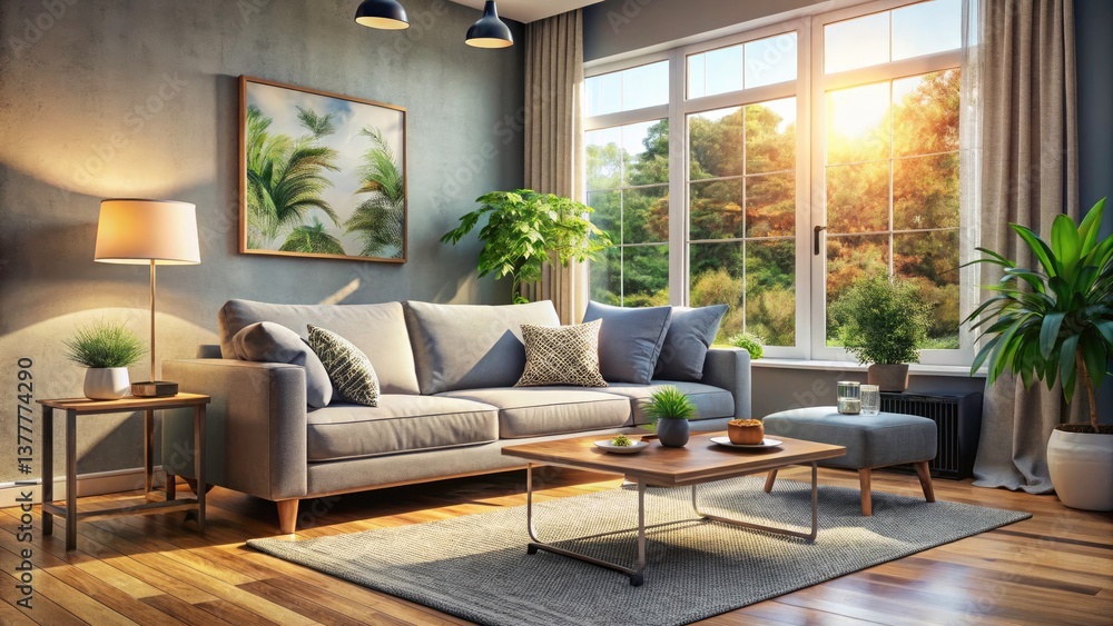 Fototapeta premium Cozy Gray Living Room Low Light Photography - Modern Interior Design
