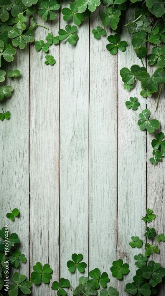 Decorative green shamrocks frame a white wooden board, creating a festive atmosphere for St. Patricks Day celebrations in spring Decorative green shamrocks frame a white wooden board, creating a festive atmosphere for St. Patricks Day celebrations in spring