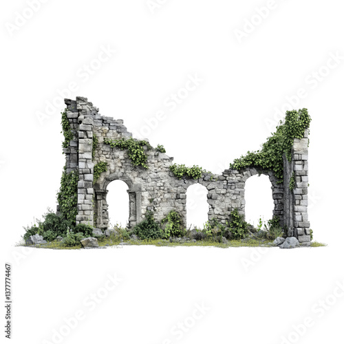 Obraz na płótnie Ruined medieval stone tower overgrown with ivy, featuring broken walls and a weathered entrance, isolated on transparent background. w salonie