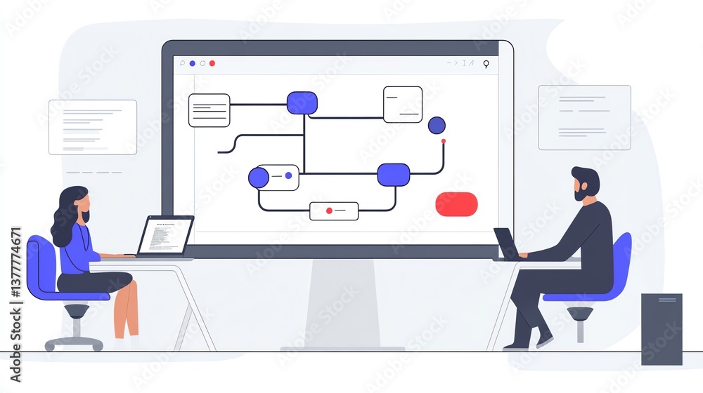 Fototapeta premium Collaborative Workflow: Modern Minimalist Design Showing Two Professionals Working on a Process Diagram