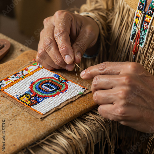 First Nations artisan crafting intricate beadwork with focused hands  