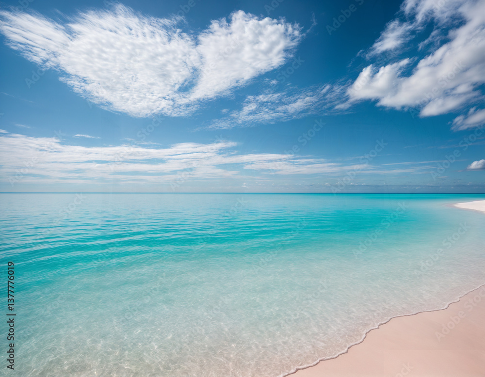 Obraz premium a breathtaking beach scene at sunrise or sunset. Gentle waves roll onto the soft, white sand, leaving behind delicate foam patterns. The ocean's turquoise waters stretch to the horizon