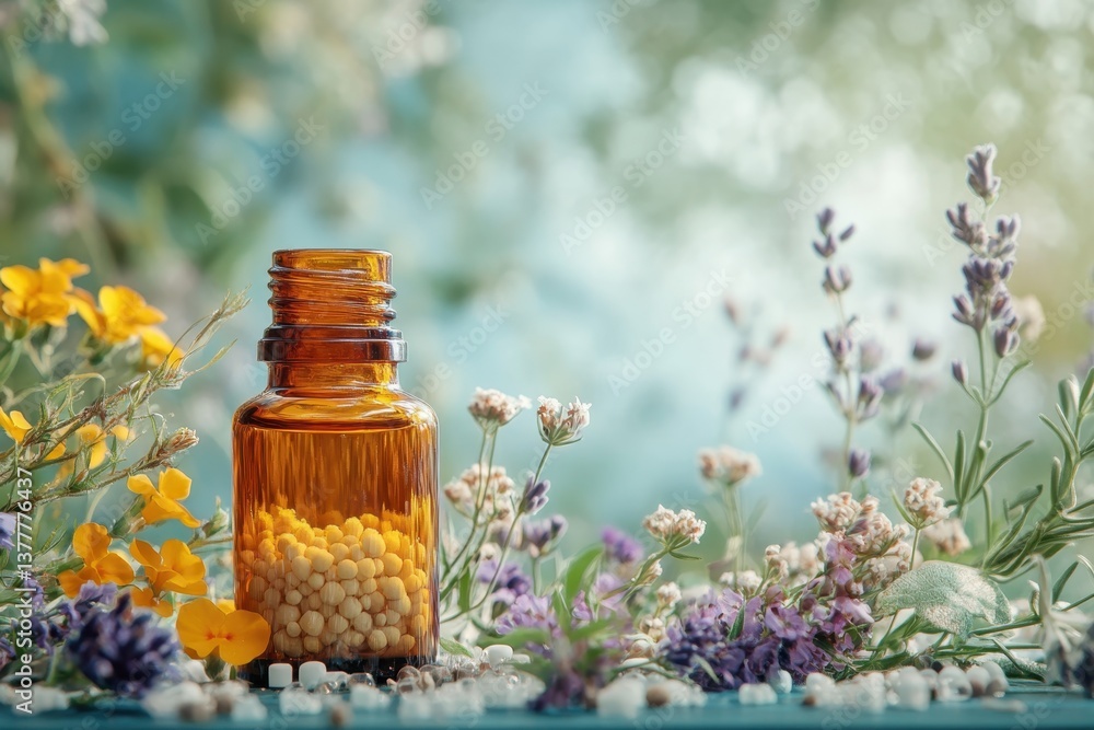 Aromatic amber bottle surrounded by colorful flowers in a serene outdoor setting Aromatic amber bottle surrounded by colorful flowers in a serene outdoor setting