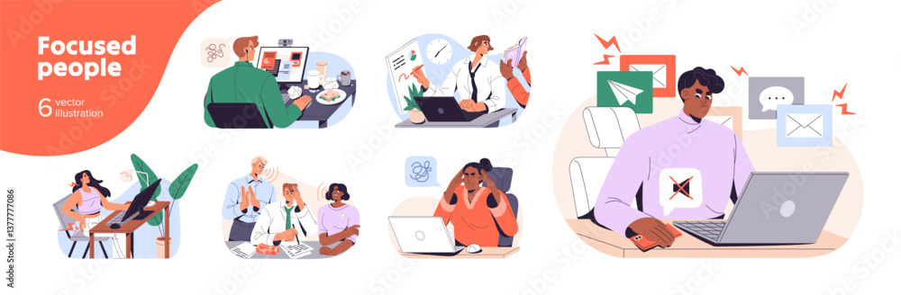 Focused people concept set. Concentrated employees work at the computer, ignore distractions. Office workers are disturbed, but they don't pay attention. Flat isolated vector illustrations on white Focused people concept set. Concentrated employees work at the computer, ignore distractions. Office workers are disturbed, but they don't pay attention. Flat isolated vector illustrations on white
