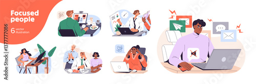 Focused people concept set. Concentrated employees work at the computer, ignore distractions. Office workers are disturbed, but they don't pay attention. Flat isolated vector illustrations on white