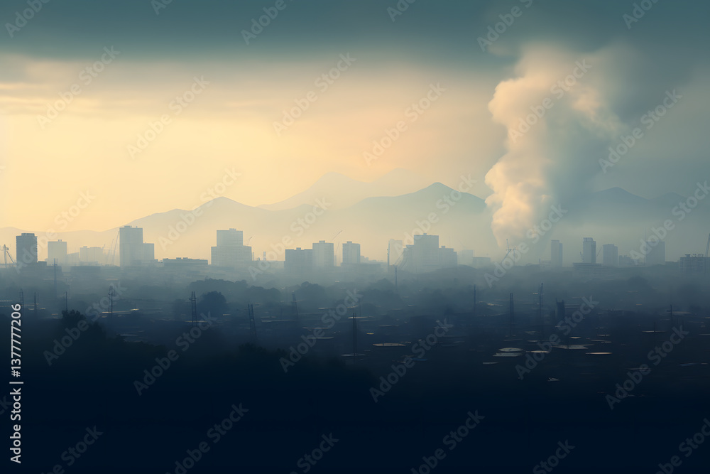 Fototapeta premium cityscape with visible air pollution, illustrating the problem of urban smog generative ai