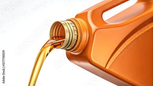Golden engine oil pouring from a vibrant orange plastic jug, showcasing its smooth flow and rich amber hue.