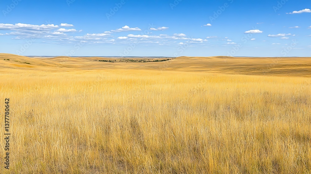 A vast, open prairie under a bright blue sky, golden grasses stretching endlessly into the horizon