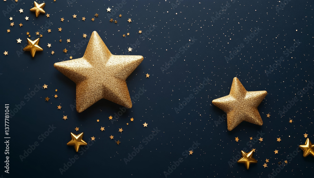 Golden stars scattered on dark blue background create magic Golden stars scattered on dark blue background create magic