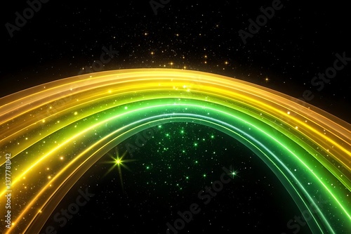 A celestial golden and green rainbow arc gracefully curves across a starry night sky, shimmering with ethereal light and sparkling dust.