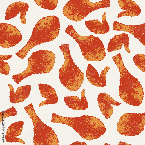 Fried chicken seamless pattern. Chicken wings and drumsticks background. Vector illustration