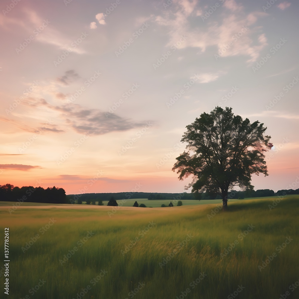 Solitary Tree in Sunset Field Peaceful Landscape Solitary Tree in Sunset Field Peaceful Landscape
