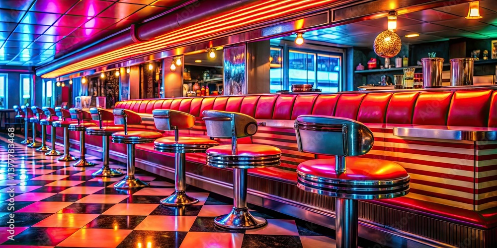 Naklejka premium Retro Diner Night, Chrome & Vinyl, Low Light Photography, Vintage Diner Scene, 50s Diner, Nighttime Diner