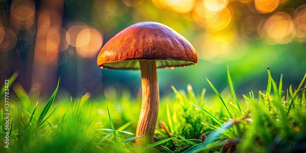 Fototapeta premium Brown Mushroom Closeup, Grass, Autumn Fungi Photography, Nature Macro Shot, High-Resolution Image
