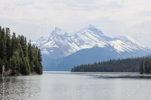 Snowy mountains reflecting on calm lake framed by dark pine trees in Banff National Park