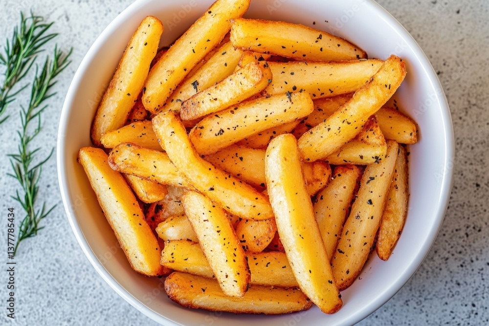 Golden fried potato wedges served in a white bowl topped with herbs on a textured surface during daylight hours Golden fried potato wedges served in a white bowl topped with herbs on a textured surface during daylight hours