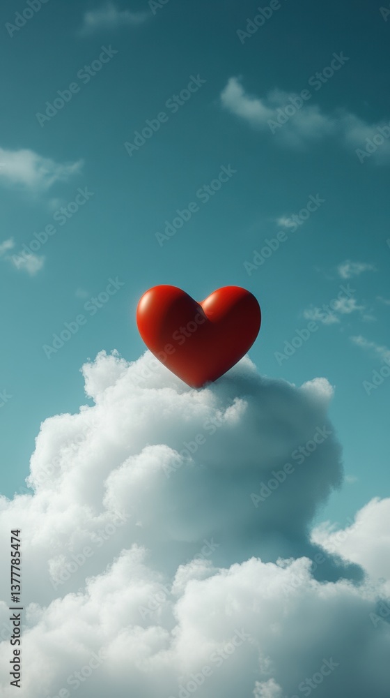Heart-shaped balloon floating above fluffy clouds on a clear blue sky during daytime creates a whimsical and romantic atmosphere Heart-shaped balloon floating above fluffy clouds on a clear blue sky during daytime creates a whimsical and romantic atmosphere