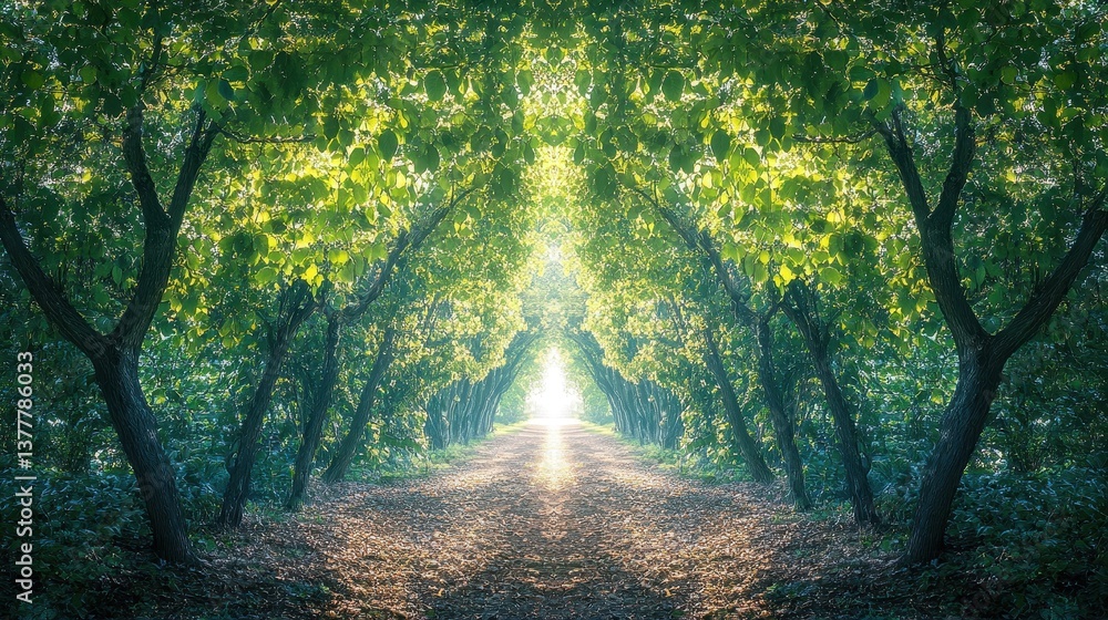 Obraz premium Enchanting forest trail beckons walkers with sunlight streaming through aligned trees, inviting serenity and discovery on a peaceful morning journey