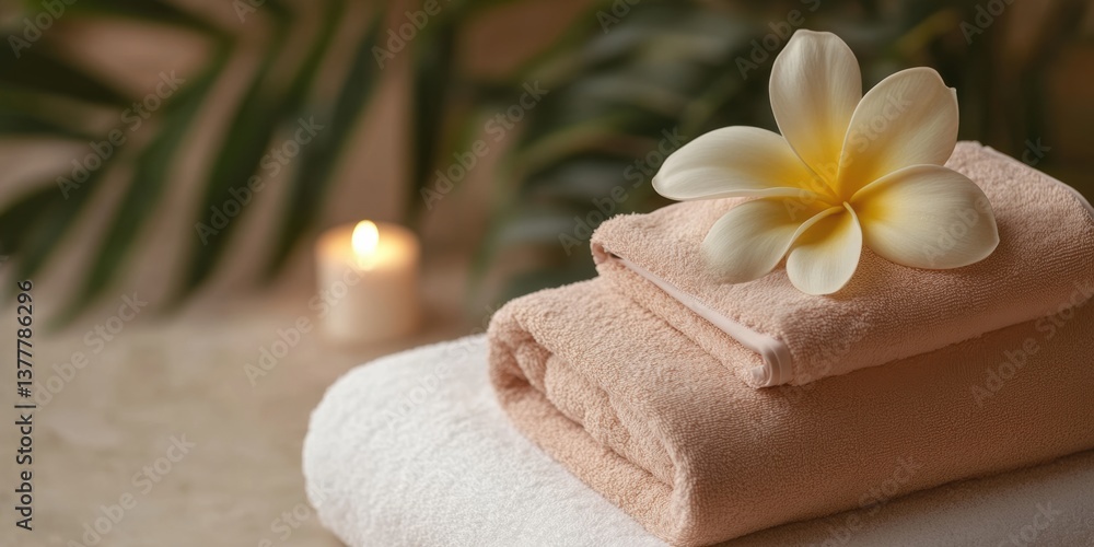 Soft towels with a plumeria flower and a candle create a tranquil spa atmosphere for relaxation and rejuvenation in a calming environment Soft towels with a plumeria flower and a candle create a tranquil spa atmosphere for relaxation and rejuvenation in a calming environment