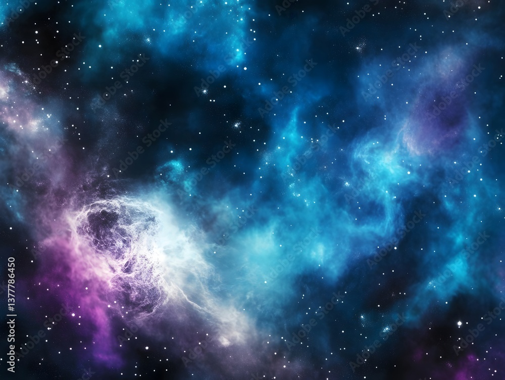 Naklejka premium A blue and purple galaxy with many stars. The stars are scattered throughout the galaxy and some are closer together while others are further apart. The galaxy appears to be full of life and energy