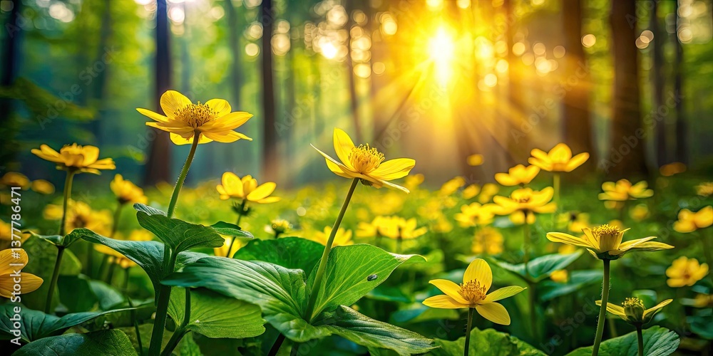 Obraz premium Springtime Yellow Flowers Green Forest Photography - Nature Scene Image