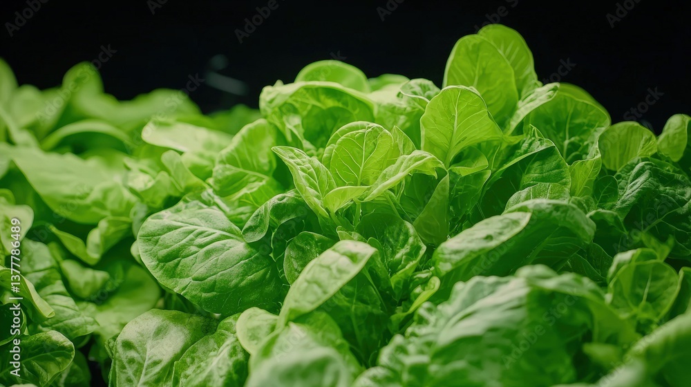 A close-up view of a vertical farming system featuring vibrant green plants growing under soft LED grow lights. The dark room background emphasizes the health and quality of the plants, promoting the A close-up view of a vertical farming system featuring vibrant green plants growing under soft LED grow lights. The dark room background emphasizes the health and quality of the plants, promoting the