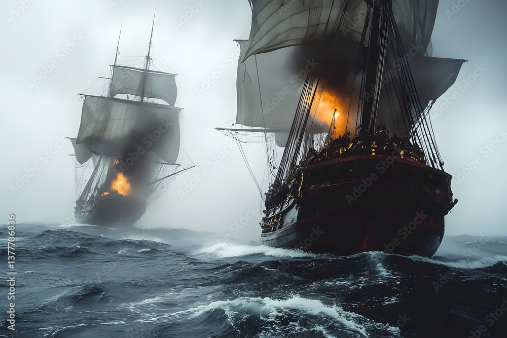 Obraz premium Pirate ship engages in fierce battle against Spanish merchant galleon during stormy sea