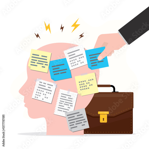 Boss hand give new task for employee. Mental load concept with head silhouette with multiple tasks on notes. Time management, office day, routine. notes stickers on face.