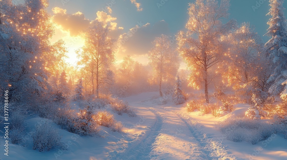 Snowy Forest Path Illuminated By Golden Sunlight Under Cloudy Sky Snowy Forest Path Illuminated By Golden Sunlight Under Cloudy Sky