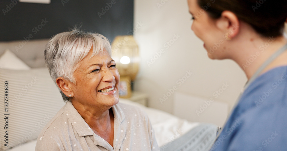 Fototapeta premium Happy, senior woman and caregiver in nursing home, talking and care for elderly patient with Alzheimer. Healthcare, recovery and old person in bedroom for rehabilitation, smile and bonding with nurse