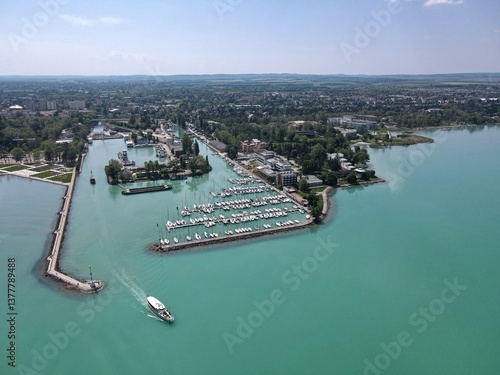 Harbor and shore of Lake Balaton in Siófok. Drone photography, summer vacation at Lake Balaton. Hungary, Europe.