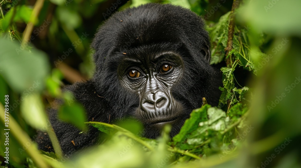 A baby gorilla is sitting in the middle of a thicket of green leaves A baby gorilla is sitting in the middle of a thicket of green leaves