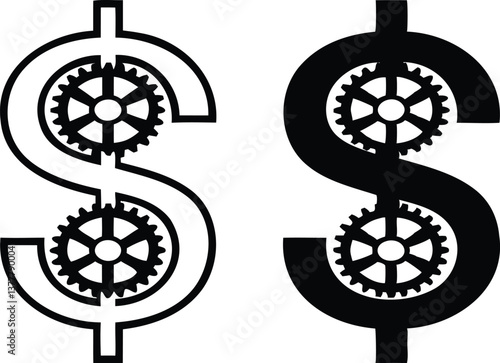 Black and white vector illustration of dollar signs integrated with mechanical gears, symbolizing financial technology, business efficiency, and economic systems