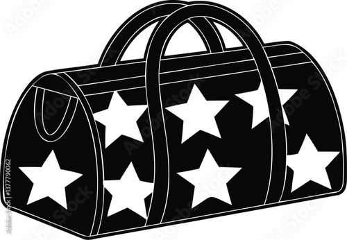 WebBlack and white vector illustration of a sporty duffle gym bag decorated with bold star shapes, suitable for fitness, travel, and athletic lifestyle visuals