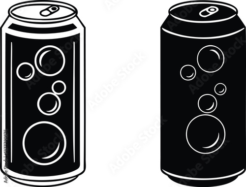Black and white vector illustration of two soda cans with carbonated bubble symbols, ideal for beverage packaging concepts, icons, infographics, and minimalist drink designs