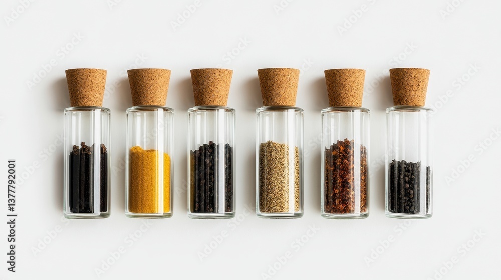 Labeled glass spice jars with cork stoppers organized in clean lines for an eco-friendly kitchen aesthetic Labeled glass spice jars with cork stoppers organized in clean lines for an eco-friendly kitchen aesthetic