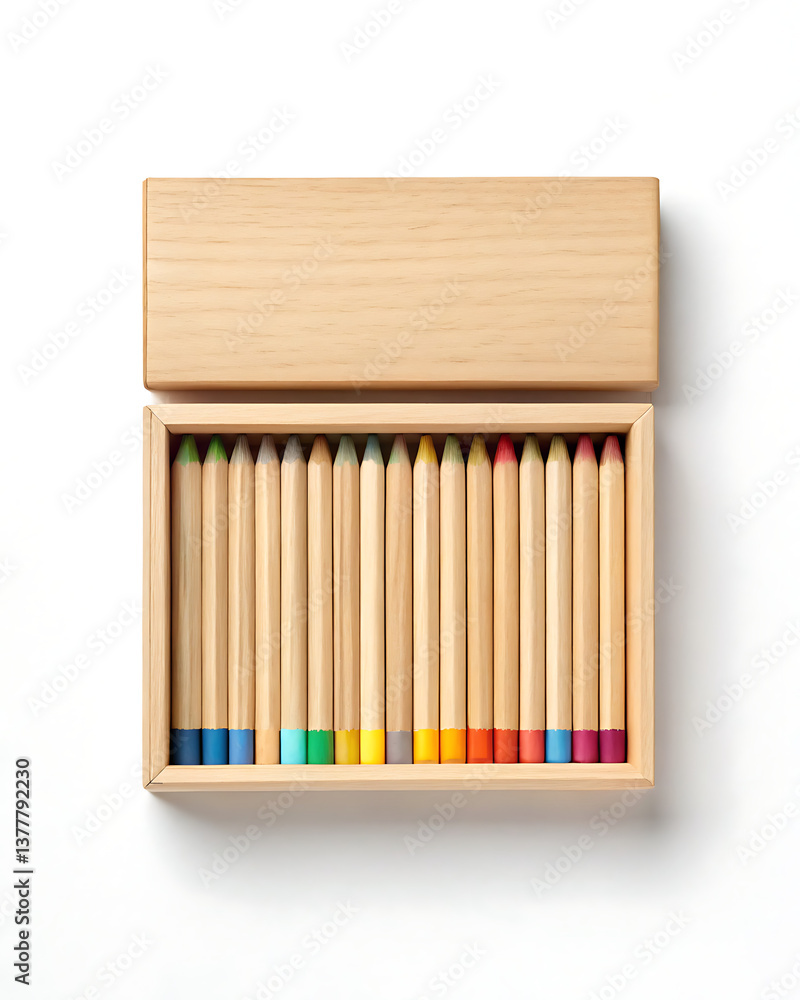 Naklejka premium Wooden box filled with colorful pencils on a white background, top view.
