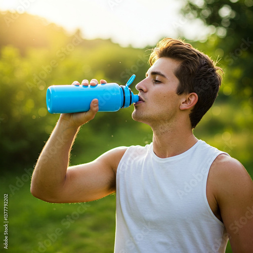 drinks water from a sports bottle