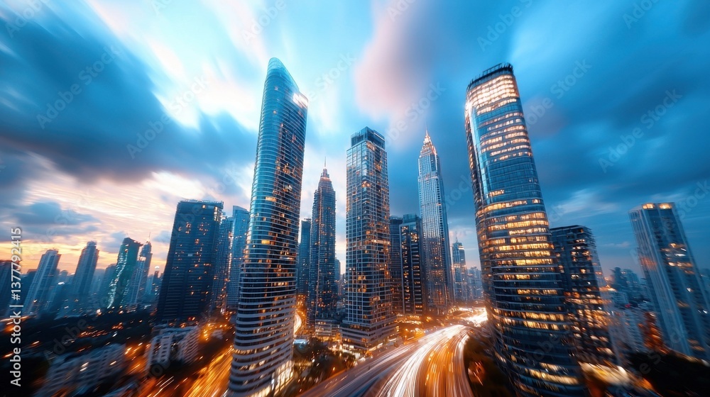 Obraz premium Dramatic and Impressive Cityscape Skyline with Towering Skyscrapers Illuminated Office Buildings and Blurred Traffic Lights at Dusk or Sunset Modern Urban Landscape with Futuristic Architecture