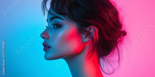 Profile of a woman illuminated with blue and red lighting against a gradient background in a studio