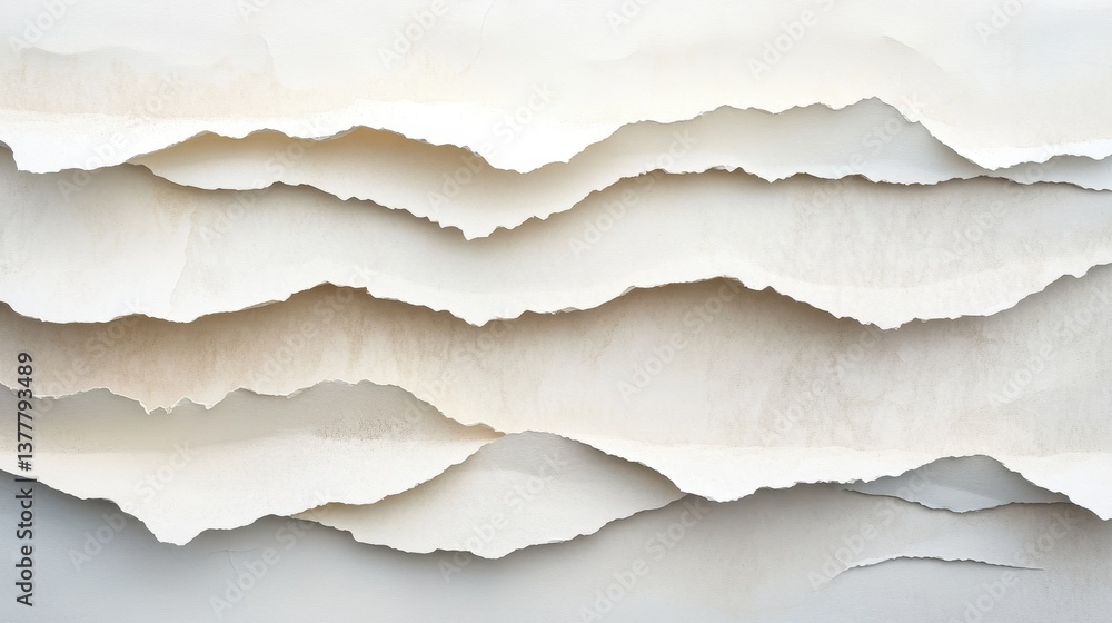 Fototapeta premium Layers of torn paper create a soft, textured landscape in beige and white, inviting exploration of the delicate contrasts and shadows between waves
