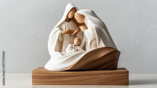 Beautiful wooden Nativity art sculpture displayed on a table, capturing the essence of serenity and warmth with bright daylight illuminating its intricate details