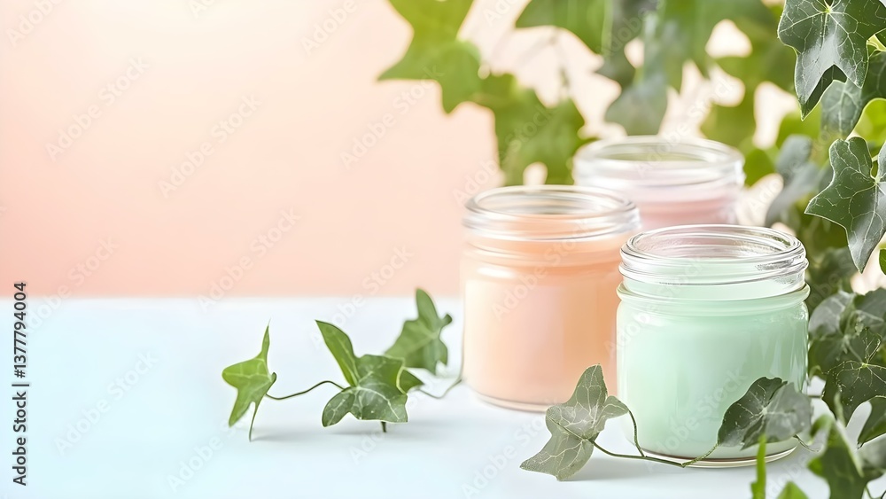 A peaceful arrangement of three scented candles in jars, surrounded by green ivy leaves on a soft pastel background. Concept Scented Candles, Decorative Arrangement, Ivy Leaves, Pastel Aesthetic A peaceful arrangement of three scented candles in jars, surrounded by green ivy leaves on a soft pastel background. Concept Scented Candles, Decorative Arrangement, Ivy Leaves, Pastel Aesthetic