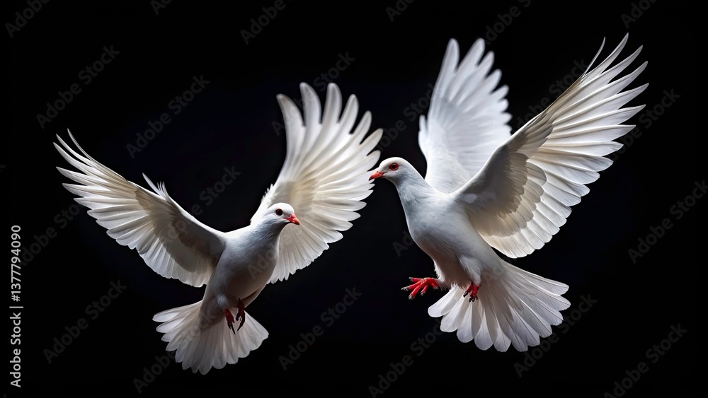 Fototapeta premium Elegant White Doves in Flight, Black Background, Graceful Birds, Serenity, Peace, Photography