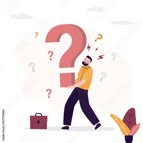 Thinking businessman, heavy pressure and workload. Worker man or employee holds or tries to carry giant question mark. Hard and difficult business solution.