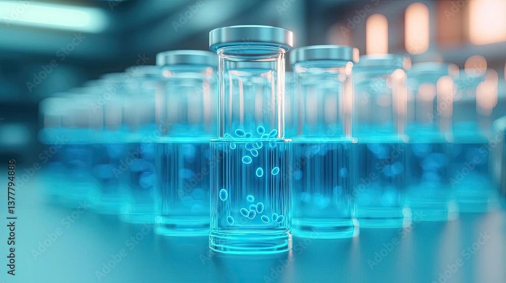 Blue exosome particles in scientific three-dimensional concept. Vials of blue liquid in a laboratory setting, showcasing innovation. Blue exosome particles in scientific three-dimensional concept. Vials of blue liquid in a laboratory setting, showcasing innovation.