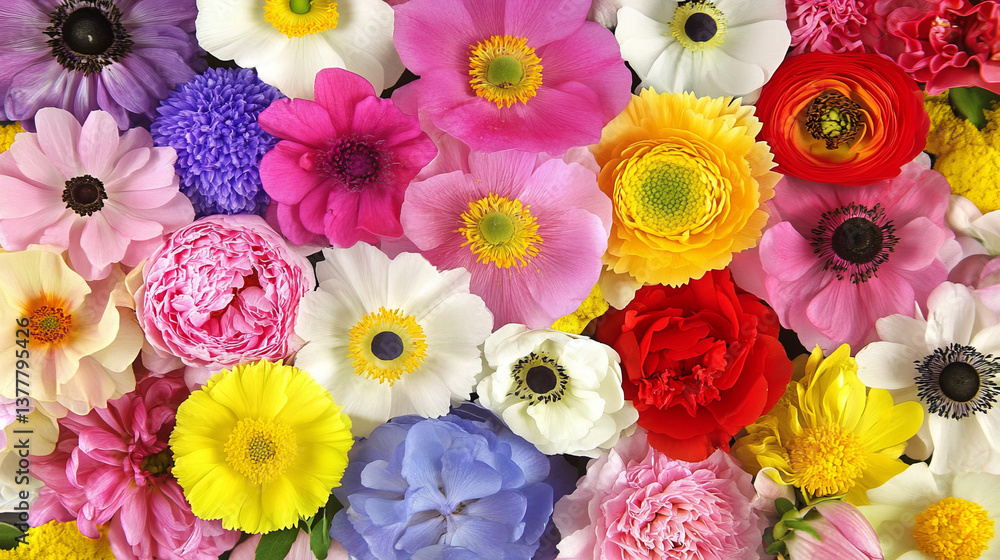 Fototapeta premium Vibrant flowers in various colors create joyful display
